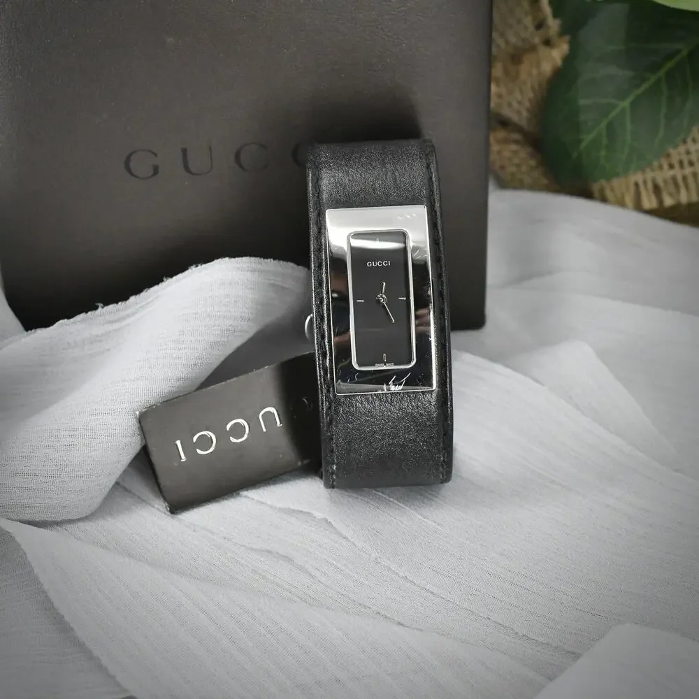 Gucci 7800L Quartz Black Leather Bangle Watch Box Tags Small 6